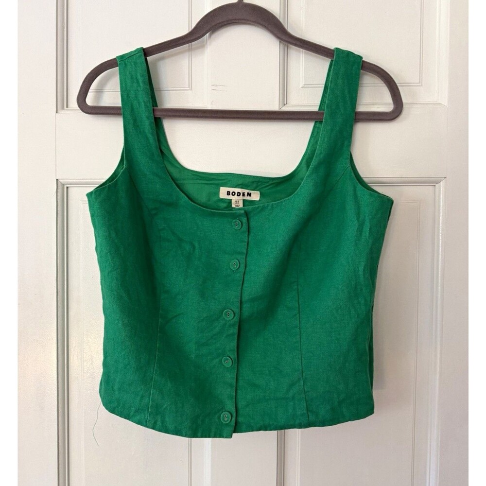 Boden Womens 8 Green Linen Button Front Square Neck Sleeveless Tank Top